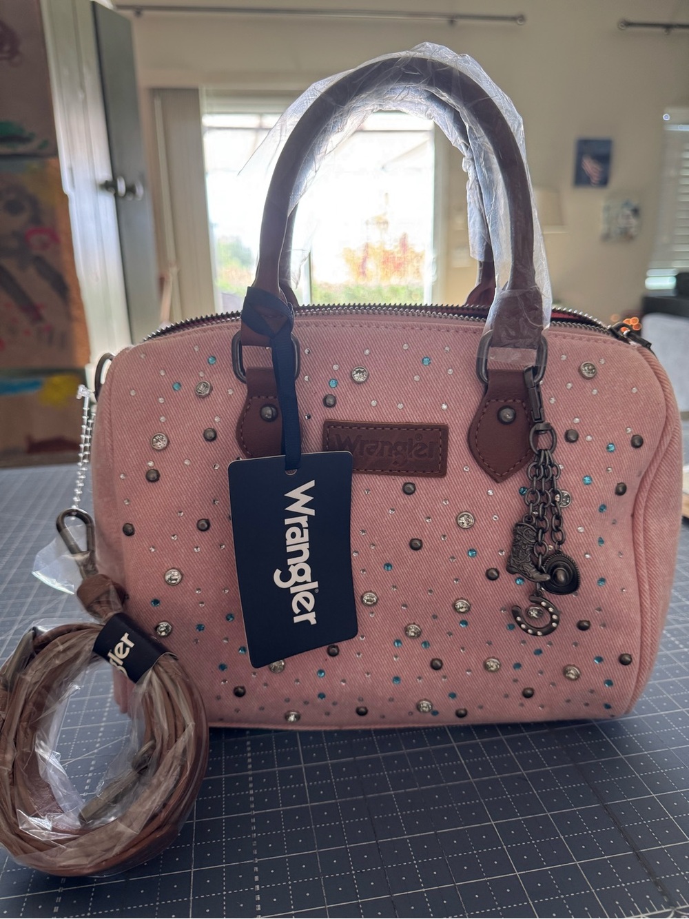 Wrangler Crystal Studded Canvas Boston Bag in Pink!!